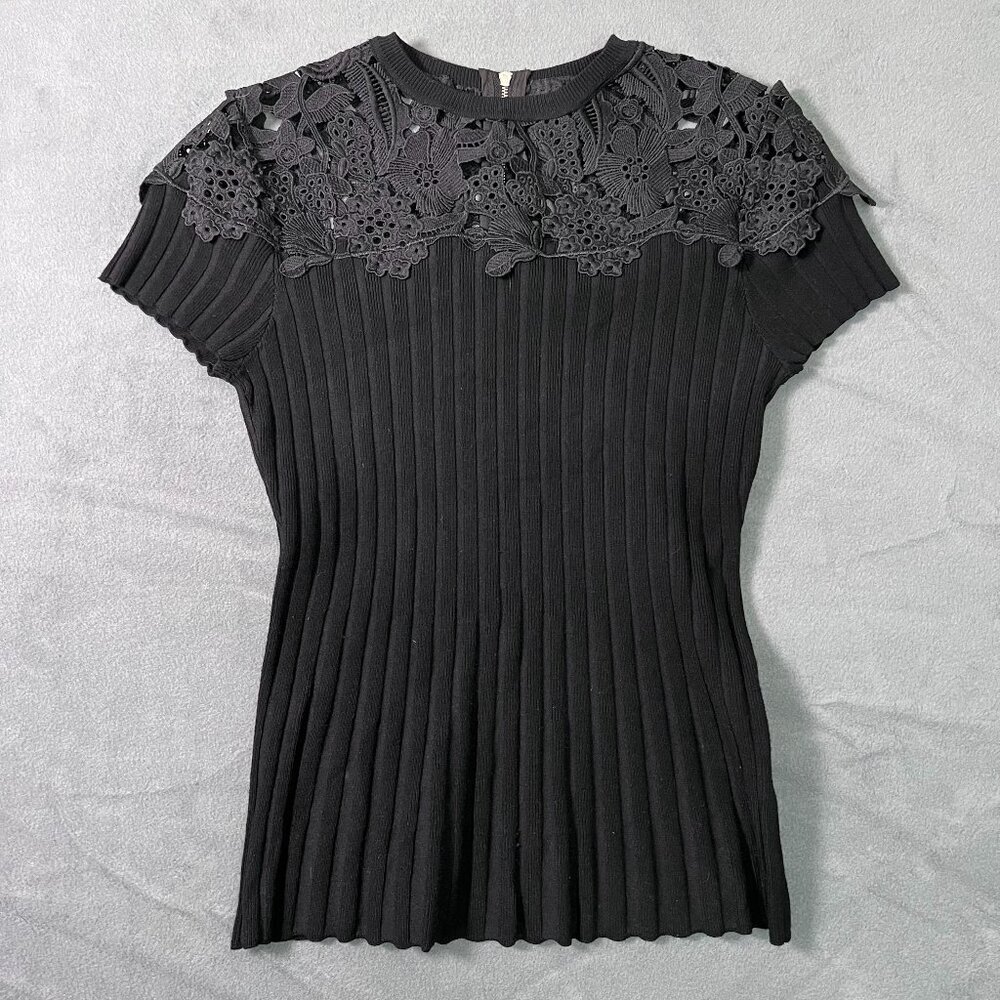 BAILEY 44 Souffle Short-sleeve Sweater Top With Embroidered Yoke In Black M